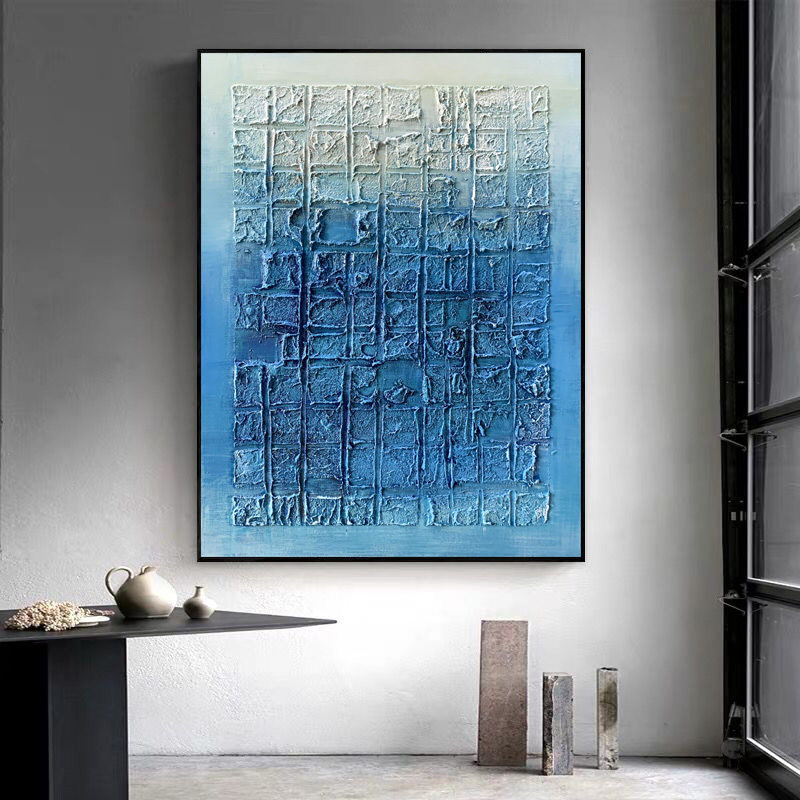 Thick Texture Blue Grid Painting