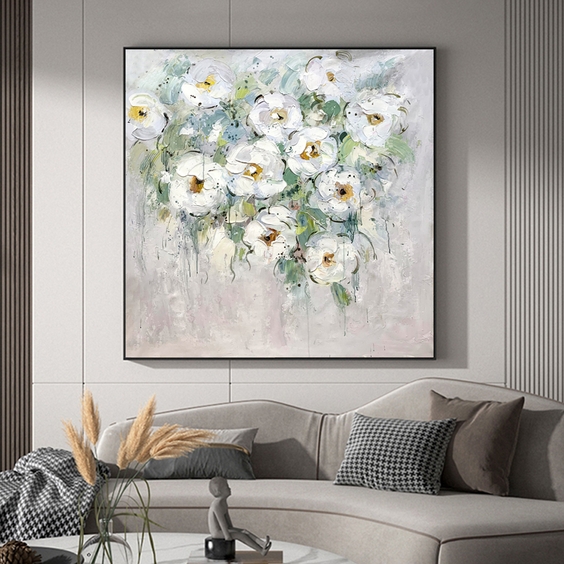 White Green Leaf Flower Painting
