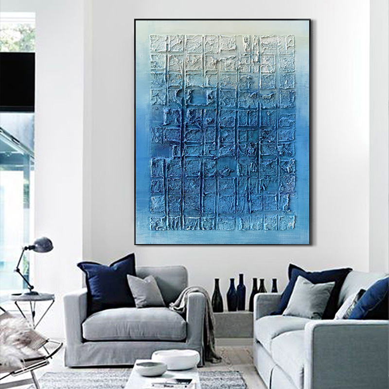 Thick Texture Blue Grid Painting