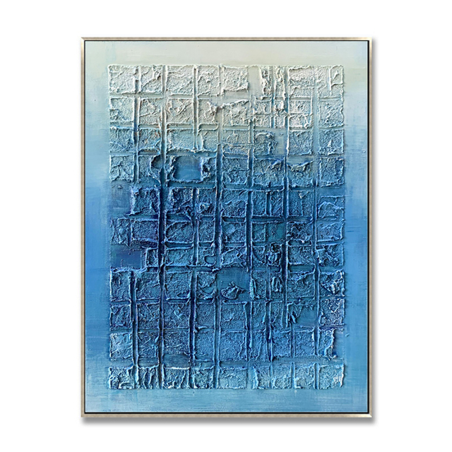 Blue Grid Abstract Painting with Thick Texture