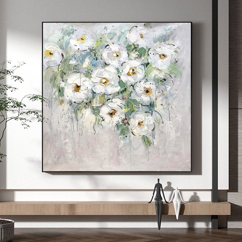 White Green Leaf Flower Painting